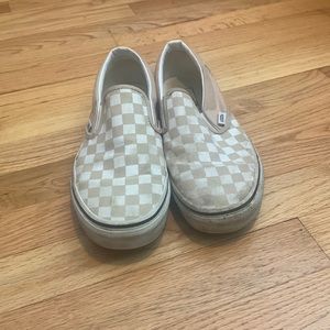 Tan and white checkboard vans. Size 7.5 men size 9 women
